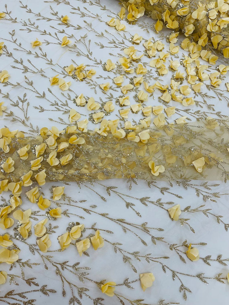 3D Flower Glitter Fabric - Gold - Flower Design on Glitter Mesh Fabric Sold By Yard