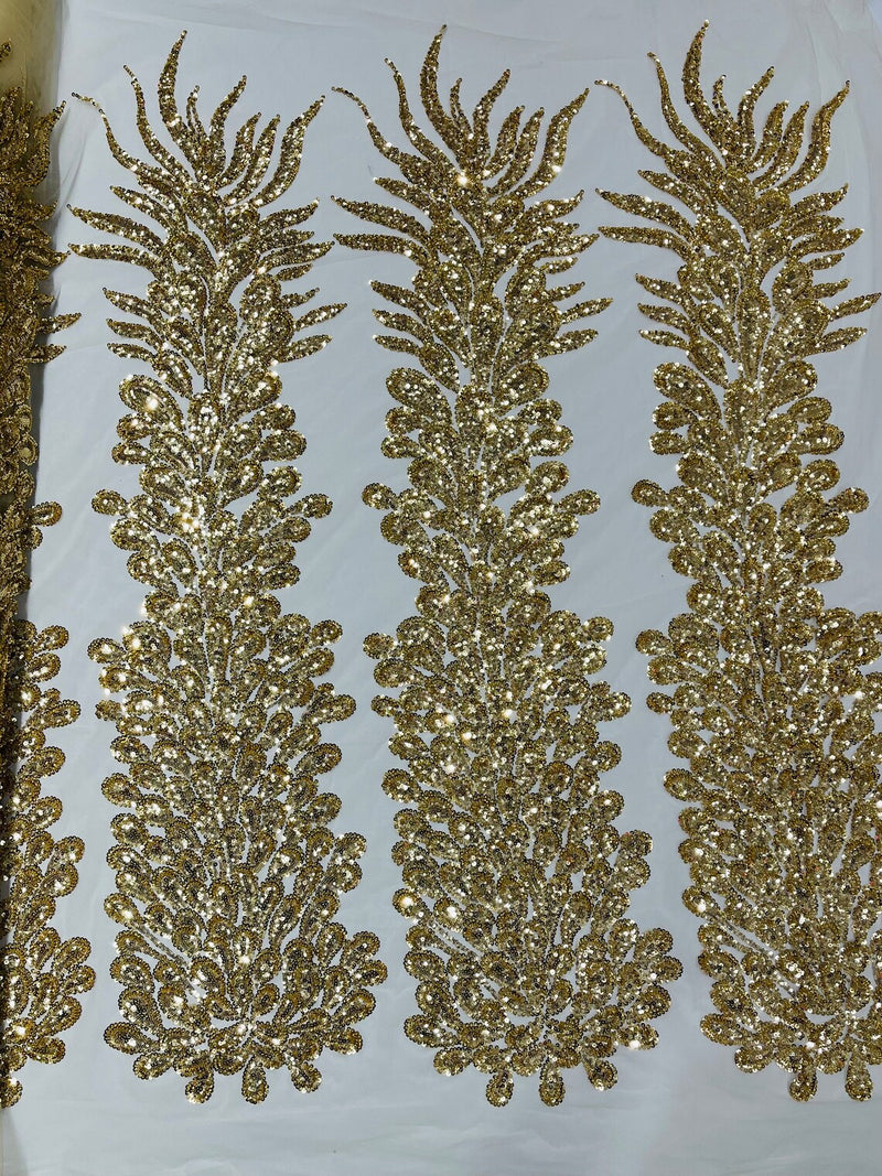 3D Beaded Peacock Feathers - Gold - Sequins Embroidered Beaded Vegas Design On a Mesh Lace Fabric (Choose The Panels)