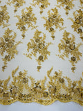Beaded Flower Sequins Fabric - Gold - Embroidered Beaded Floral Clusters Sequins Fabric By Yard