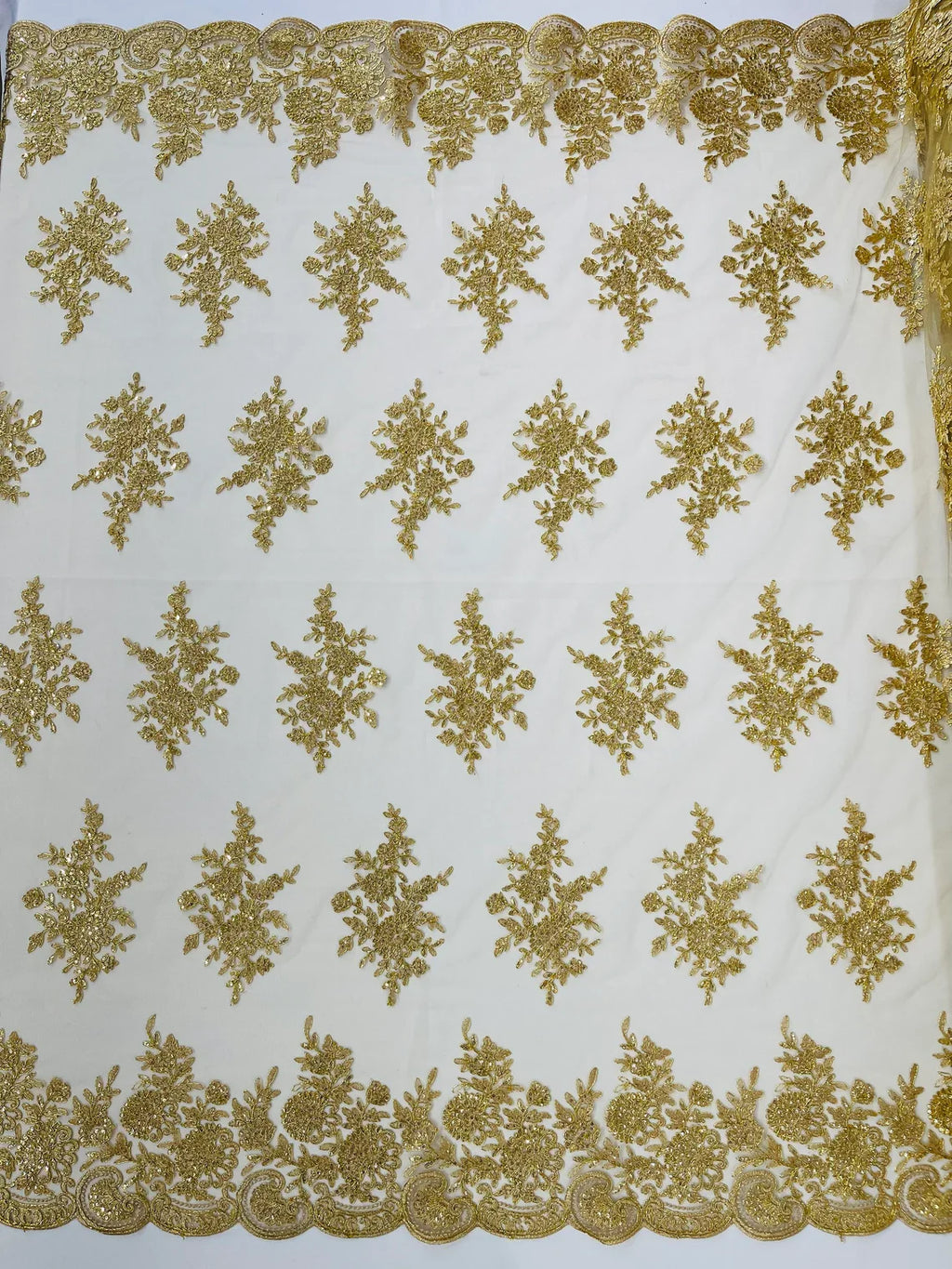 Floral Lace Flower Fabric - Gold - Floral Embroidered Fabric with Sequins on Lace By Yard