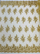 Floral Lace Flower Fabric - Gold - Floral Embroidered Fabric with Sequins on Lace By Yard