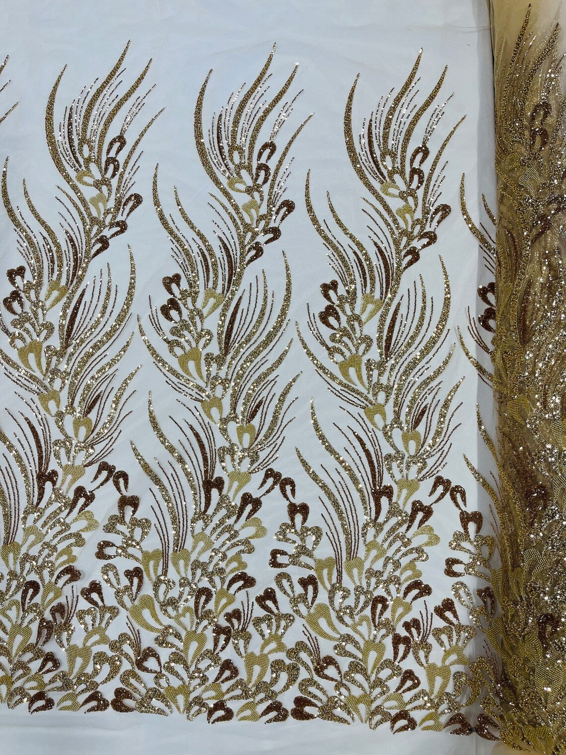 Fancy Wavy Leaf Bead Fabric - Gold - Leaf Line Beaded Design Embroidered Mesh By Yard