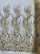 Fancy Wavy Leaf Bead Fabric - Gold - Leaf Line Beaded Design Embroidered Mesh By Yard