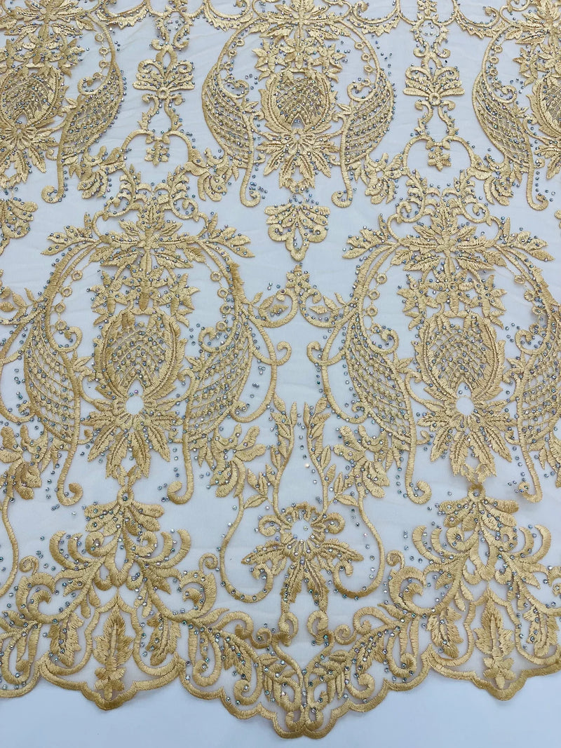 Damask Rhinestone Fabric - Gold - Beaded Embroidery Corded Lace Fabric Sold by Yard