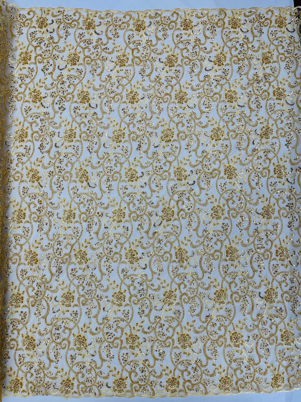 Embroidery Floral Bead Fabric - Gold - Bridal Embroidery Beaded Floral  Fabric Sold by Yard