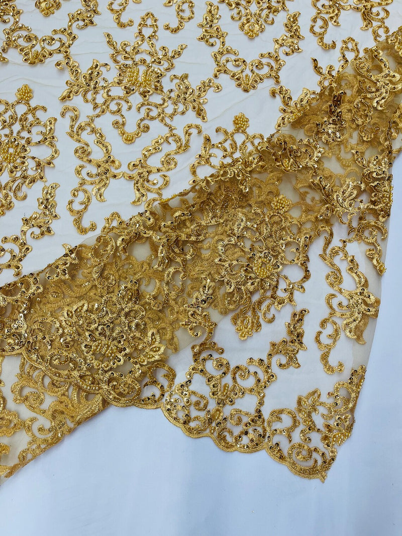 Butterfly Bead Sequins Fabric - Gold - Damask Beaded Sequins Lace Fabric by the yard