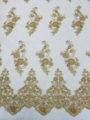 Beaded Floral Fabric - Gold - Embroidered Flower Cluster Beaded Fabric Sold By Yard