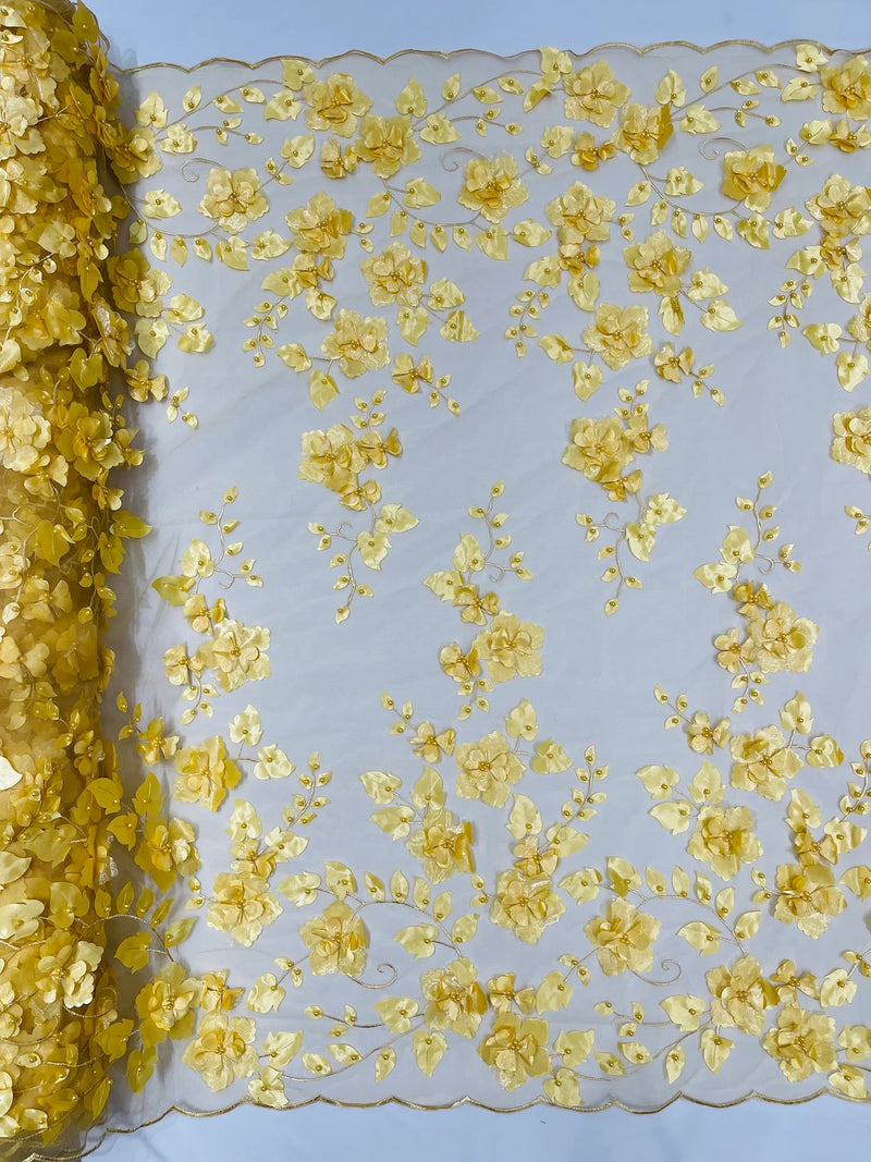 3D Floral Pearl Fabric - Gold - Embroidered Floral Pearl Fabric Double Border On Mesh By Yard