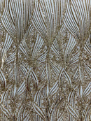 Curvy Line Design Fabric - Gold - 4 Way Stretch Sequins Design Mesh Lace Fabric by Yard