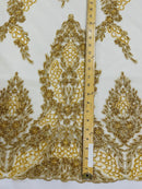 Heavy Bead Floral Fabric - Gold - Beaded Flower Design Fabric Fancy Border By Yard