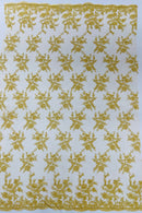 Embroidered Corded Lace Fabric - Gold - Cluster Fancy Flower Embroidered Lace Fabric By Yard
