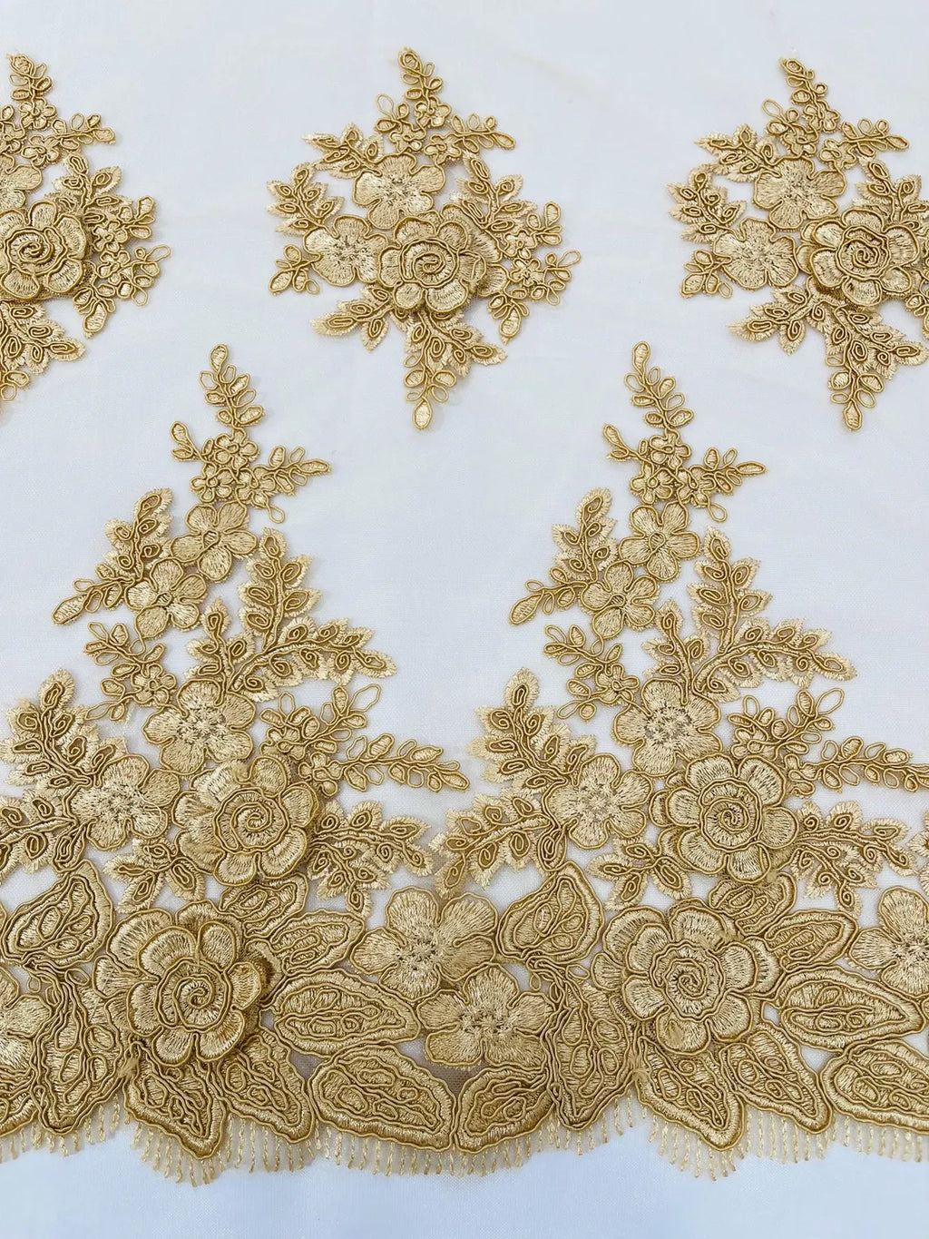 Corded Floral 3D Fabric - Gold - Embroidered Floral Design on Lace Mesh Fabric by Yard