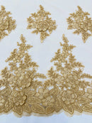 Corded Floral 3D Fabric - Gold - Embroidered Floral Design on Lace Mesh Fabric by Yard