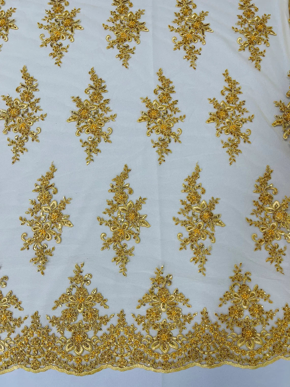 Beaded Shiny Floral Cluster - Gold - Embroidered Luxury Floral Design by Yard