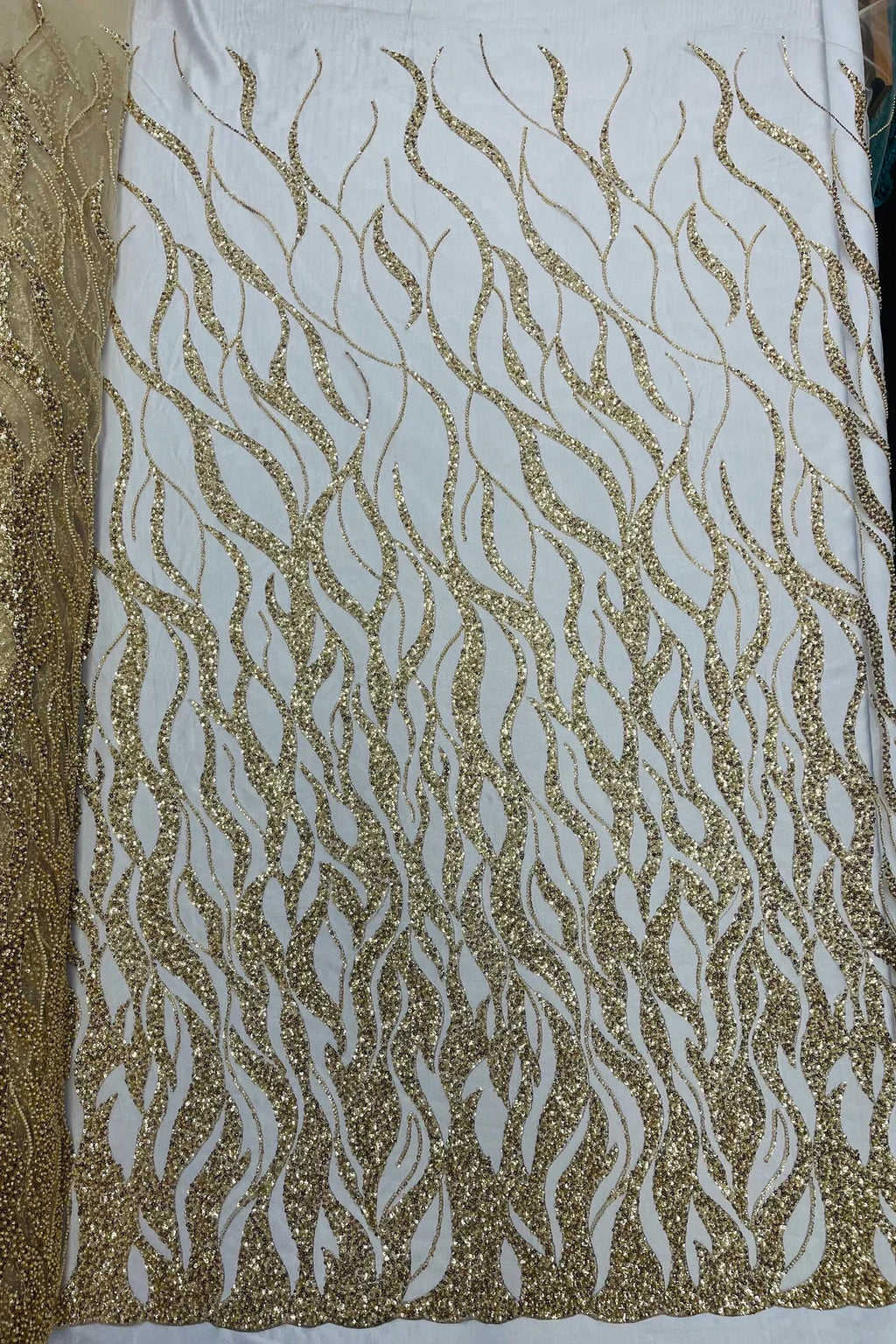 Fire Flames Design Bead Fabric - Gold - Beaded Embroidered Fire Pattern Fabric By Yard