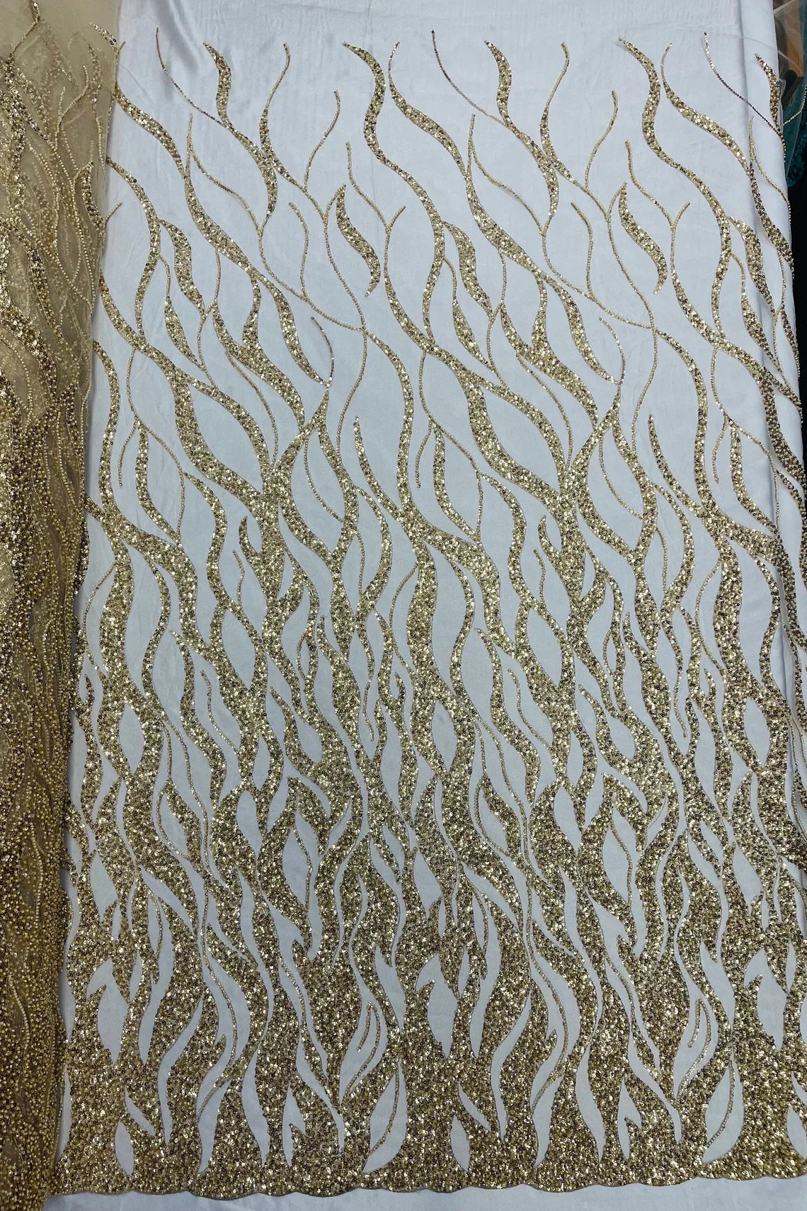 Fire Flames Design Bead Fabric - Gold - Beaded Embroidered Fire Pattern Fabric By Yard
