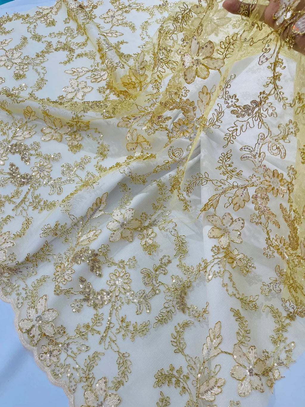 Floral Metallic Lace Fabric - Gold - Corded Embroidered Floral Sequins Fabric by Yard