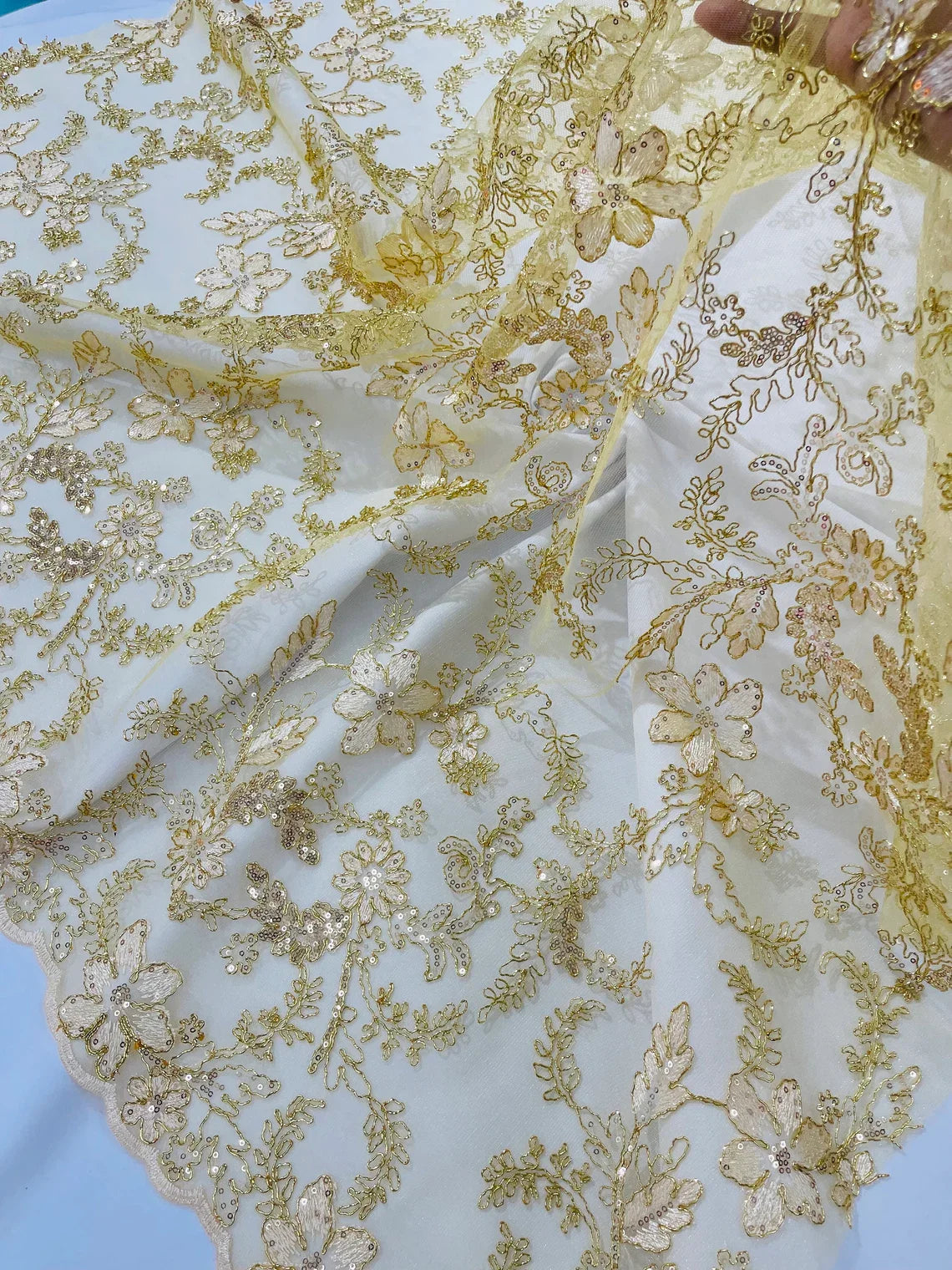 Floral Metallic Lace Fabric - Gold - Corded Embroidered Floral Sequins Fabric by Yard