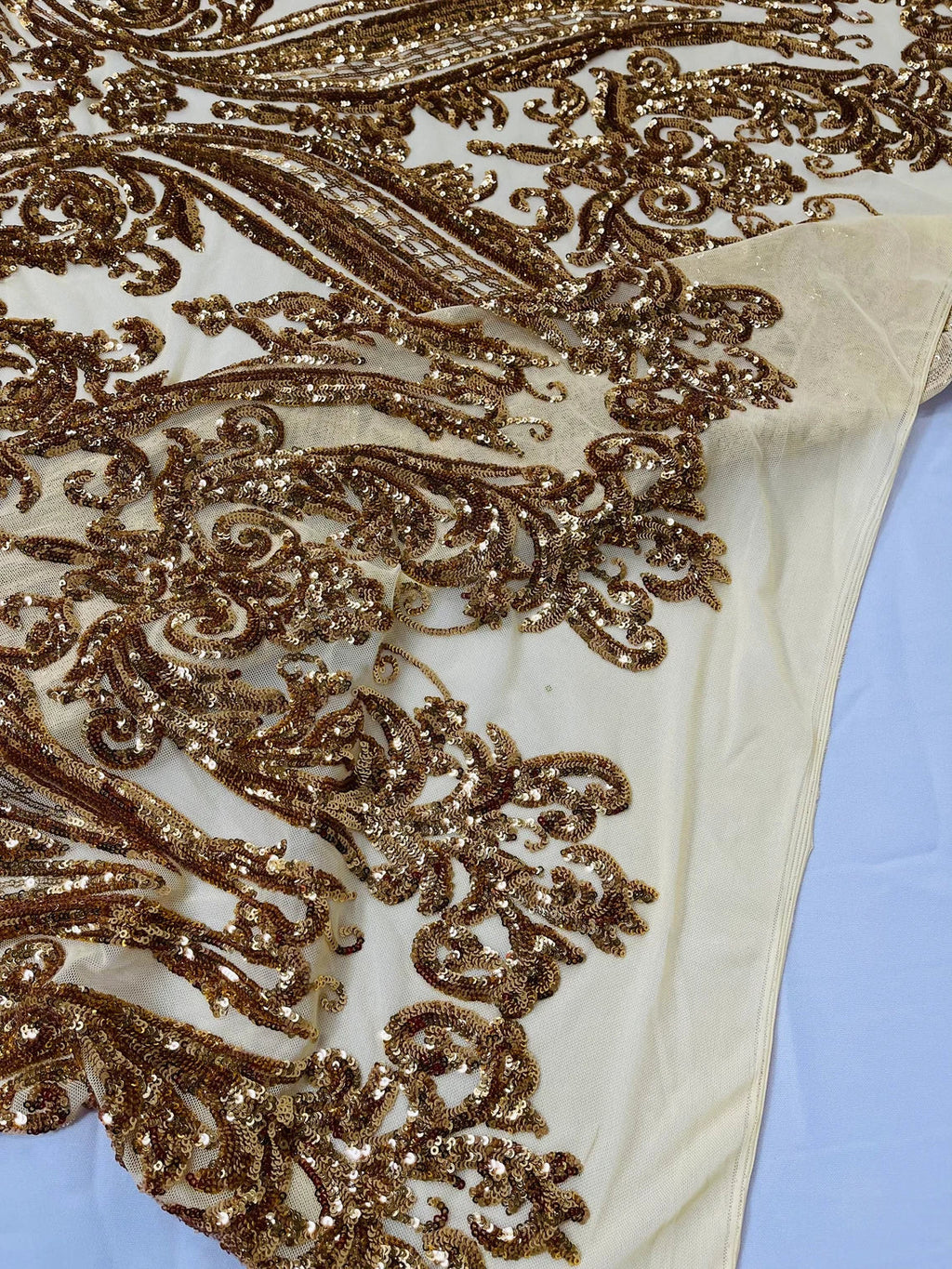 Big Damask Sequins Fabric - Gold - 4 Way Stretch Damask Sequins Design Fabric By Yard