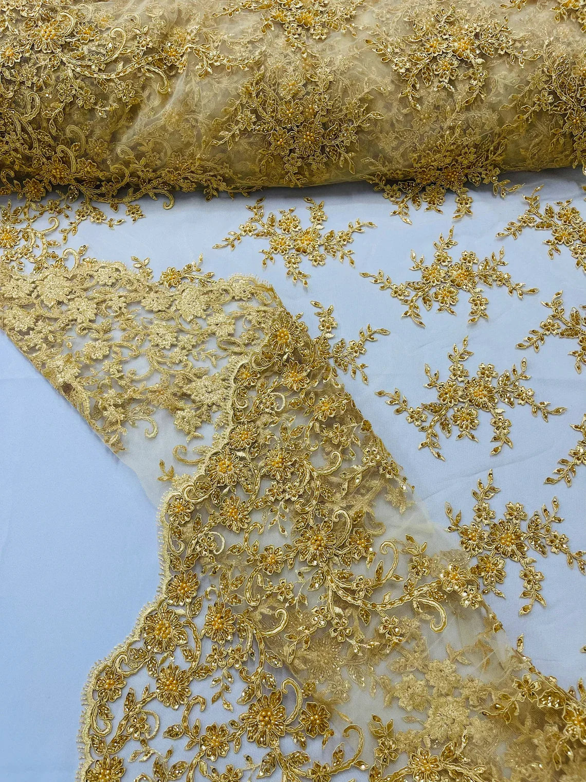 Beaded Floral Cluster - Gold - Fancy Embroidered Glamorous Floral Design Sold by Yard