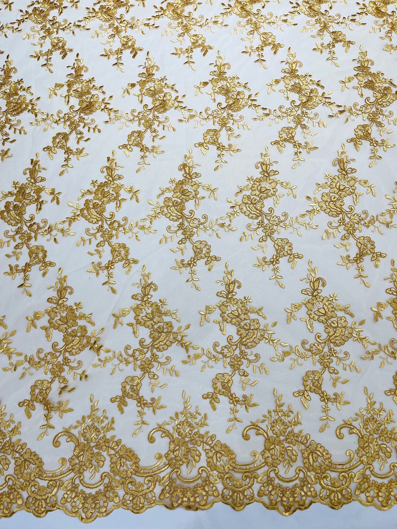 Floral Plant Lace Fabric - Gold - Embroidery Flower Small Leaf Design Lace Fabric Sold By Yard