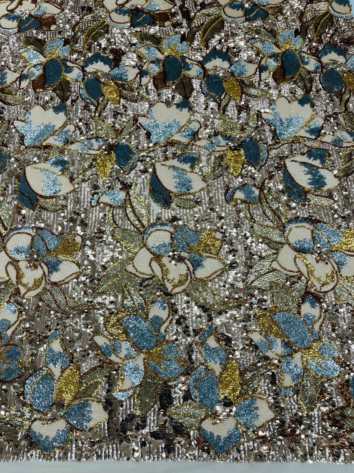 Orchid Design Sequins - Gold - 4 Way Stretch Full Sequins Floral Design Mesh Fabric By Yard