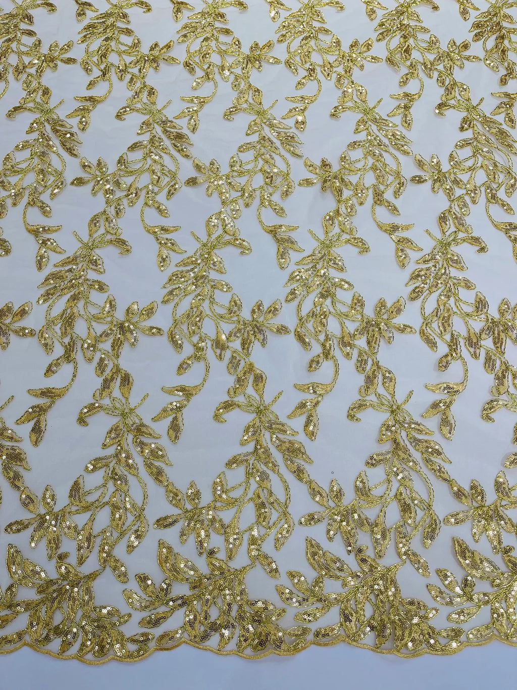 Metallic Thread Leaf Design - Embroidered Leaf With Sequins Design on Mesh Lace Fabric by the Yard