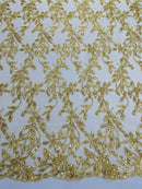 Metallic Thread Leaf Design - Embroidered Leaf With Sequins Design on Mesh Lace Fabric by the Yard