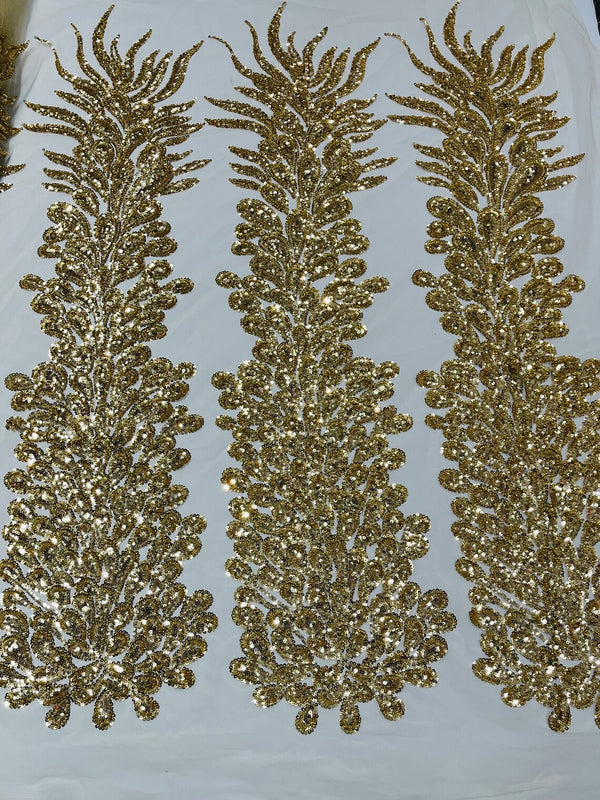 3D Beaded Peacock Feathers - Gold - Sequins Embroidered Beaded Vegas Design On a Mesh Lace Fabric (Choose The Panels)