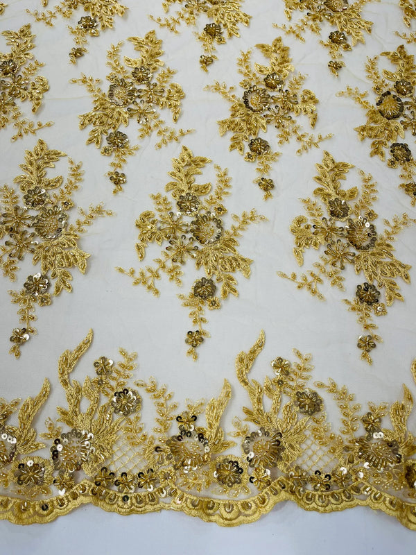 Beaded Flower Sequins Fabric - Gold - Embroidered Beaded Floral Clusters Sequins Fabric By Yard