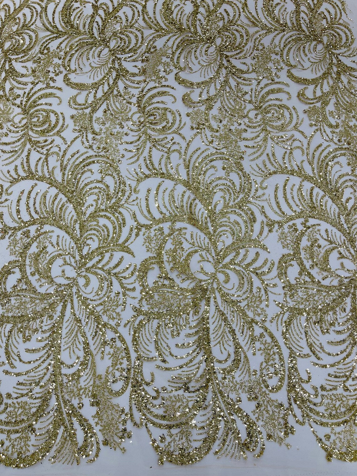 Glitter Palm Leaf Design Fabric - Gold - Tulle Mesh Glitter Leaf Design Fabric Sold By Yard