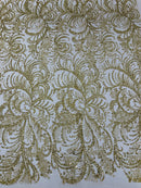 Glitter Palm Leaf Design Fabric - Gold - Tulle Mesh Glitter Leaf Design Fabric Sold By Yard