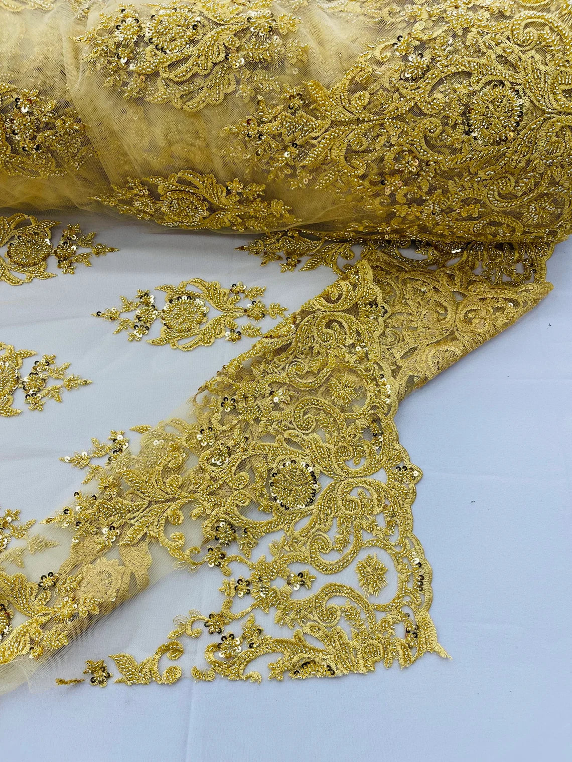 Floral Bead Embroidery Fabric - Gold - Damask Floral Bead Bridal Lace Fabric by the yard