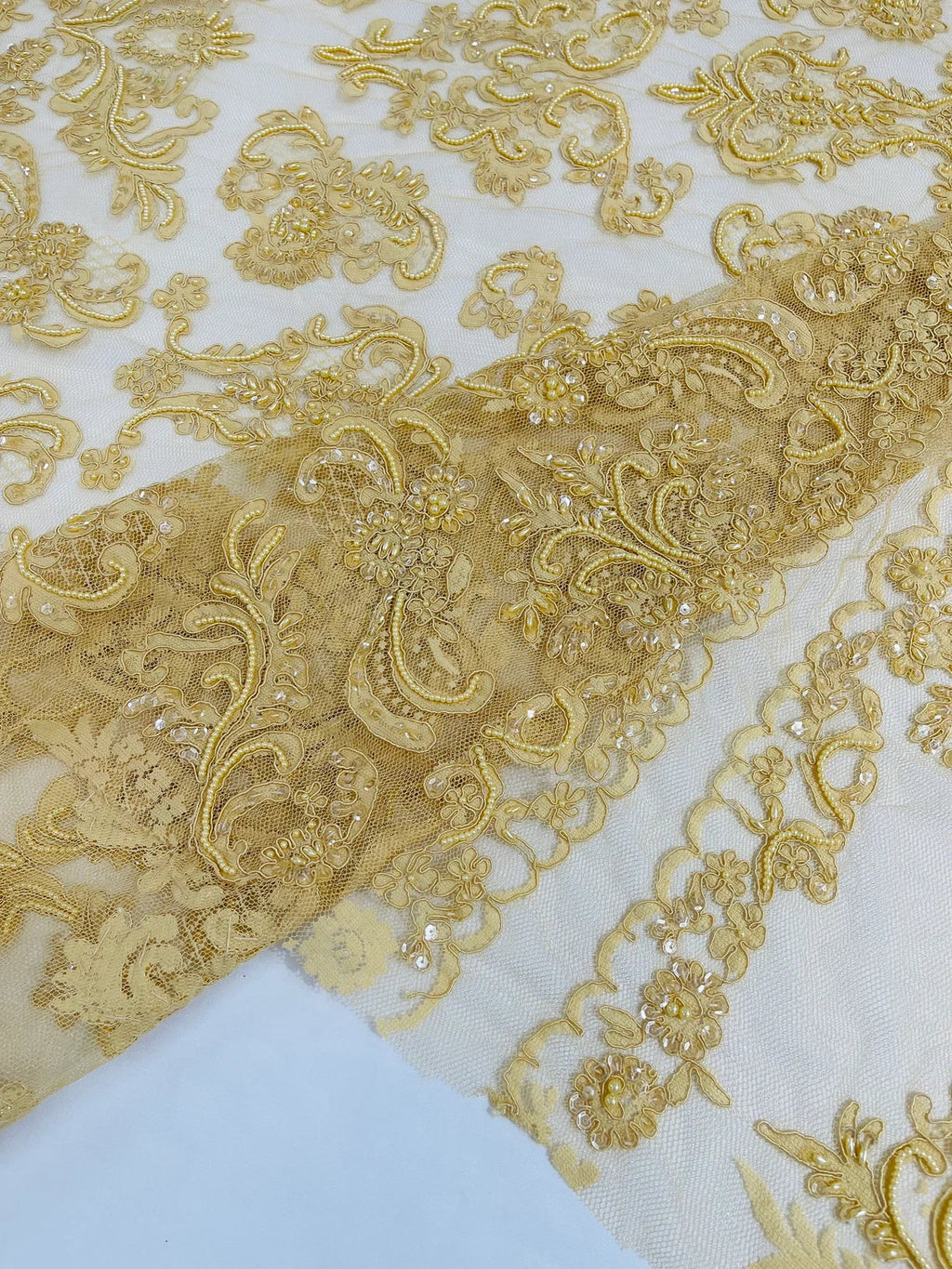 Beaded My Lady Damask Design - Gold - Beaded Fancy Damask Embroidered Fabric By Yard