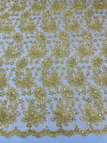 Corded Lace Floral Fabric - Gold - Hologram Sequins Metallic Thread Floral Fabric by Yard