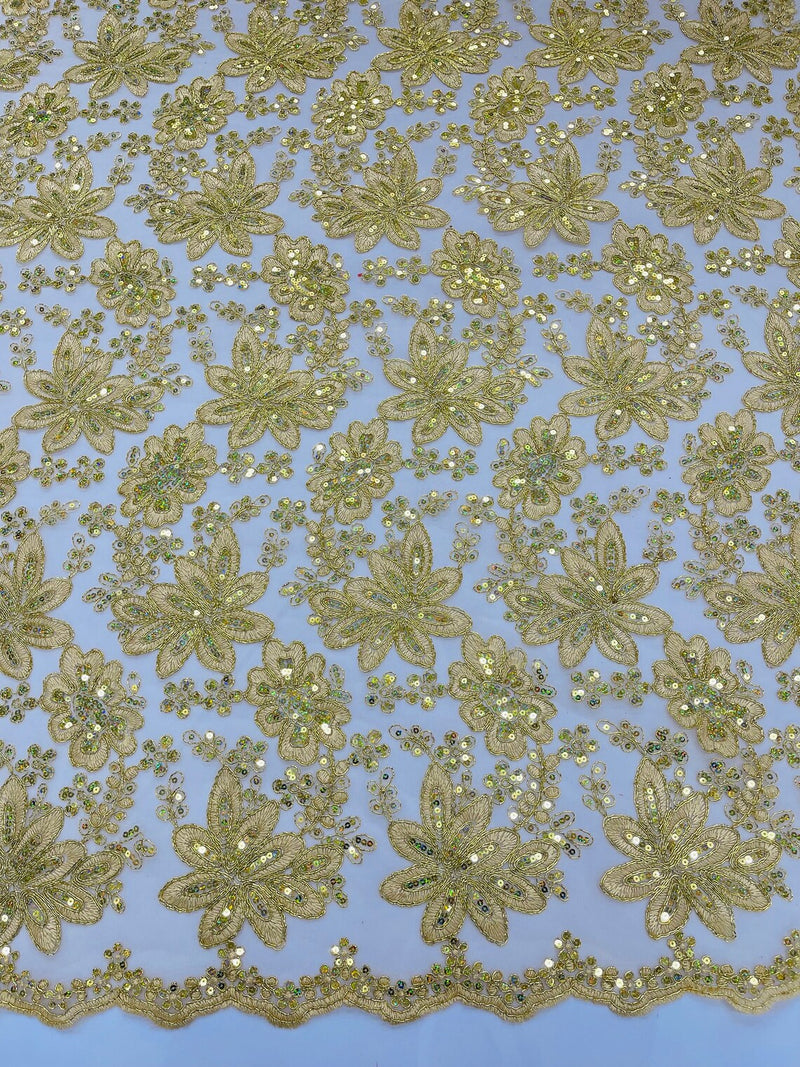 Corded Lace Floral Fabric - Gold - Hologram Sequins Metallic Thread Floral Fabric by Yard