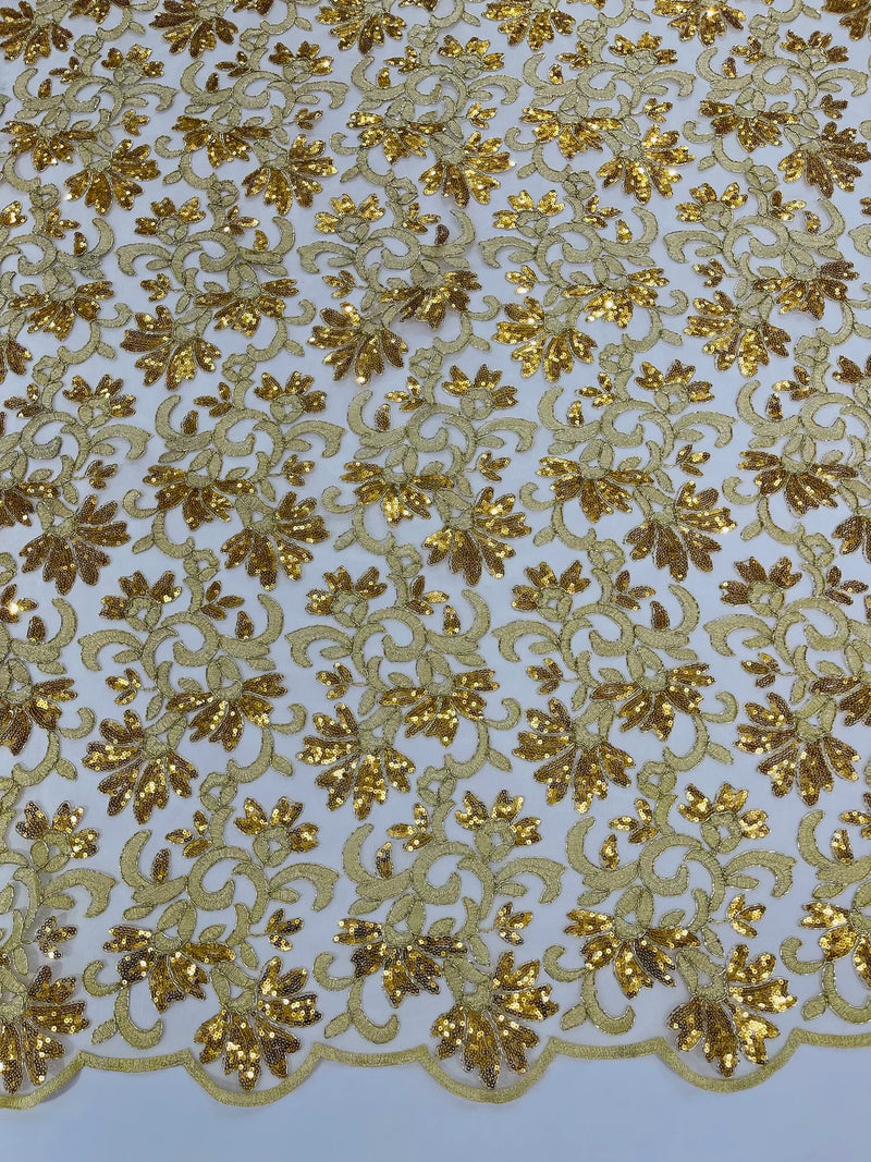 Metallic Sequins Design - Gold - Embroidered Metallic Thread Leaf Pattern Sequins Fabric By Yard