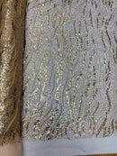Wavy Design Beaded Fabric - Gold - Beaded Wavy Leaf Embroidered Fabric By Yard