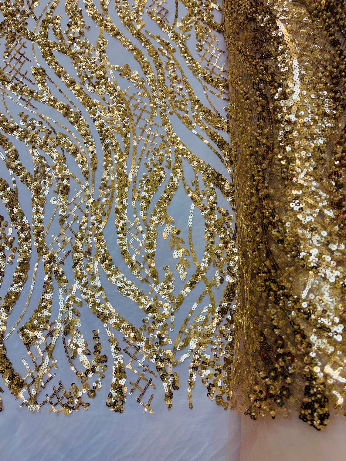 Floral Beaded Wavy Fabric - Gold - Beaded Sequins Wavy Embroidered Fabric Sold By Yard