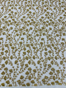 Shimmer Glitter Flower Fabric - Gold - Small Glitter Flower Design on Lace Sold By Yard