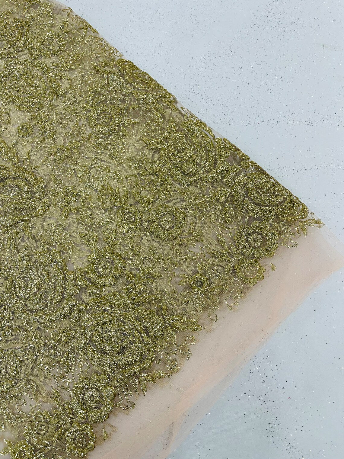 3D Rose Chunky Glitter Fabric - Gold - Rose Floral Design Glitter on Tulle Fabric Sold by Yard