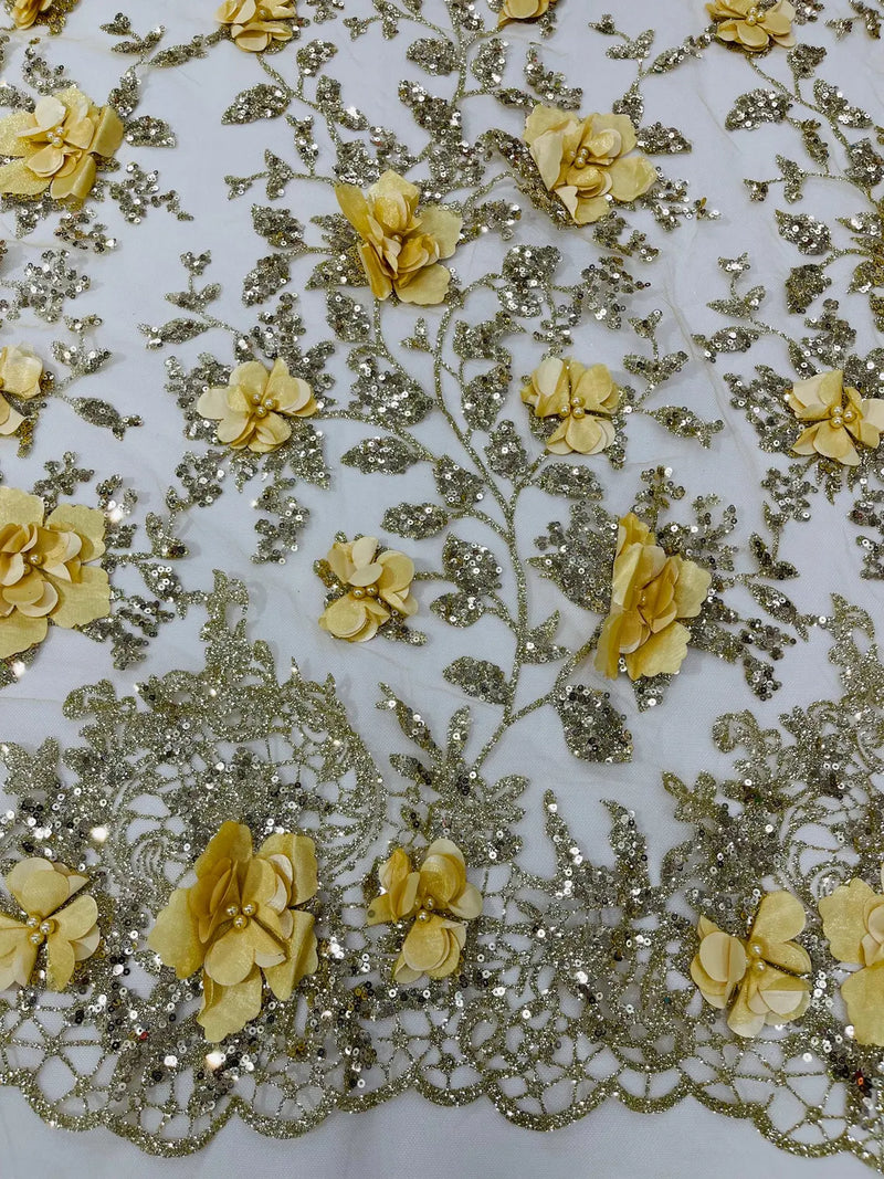 3D Big Flower Glitter Fabric - Gold - Floral Glitter Sequin Design on Lace Mesh Fabric by Yard