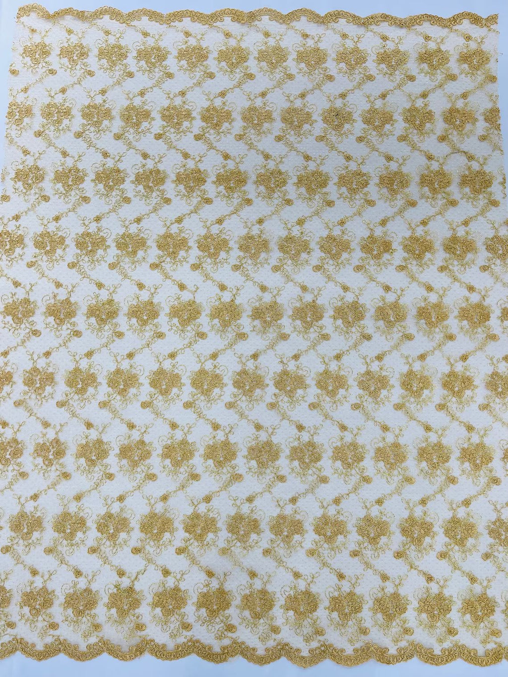 Embroidered Flower Fabric - Gold - Floral Design Scalloped Border Fabric By Yard