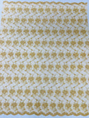 Embroidered Flower Fabric - Gold - Floral Design Scalloped Border Fabric By Yard