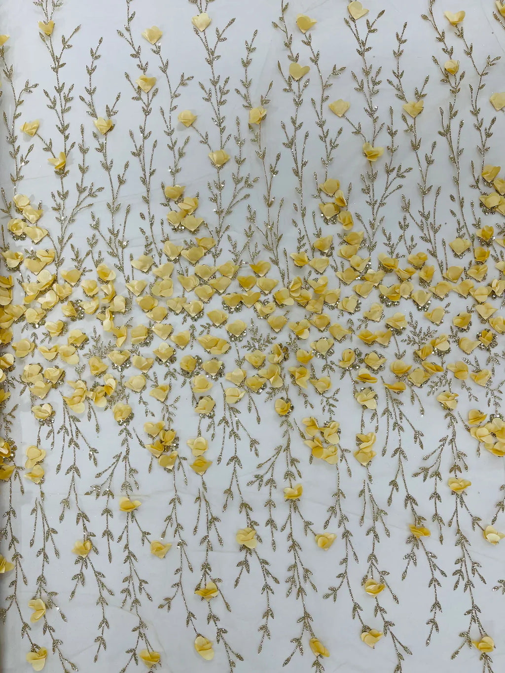 3D Flower Glitter Fabric - Gold - Flower Design on Glitter Mesh Fabric Sold By Yard
