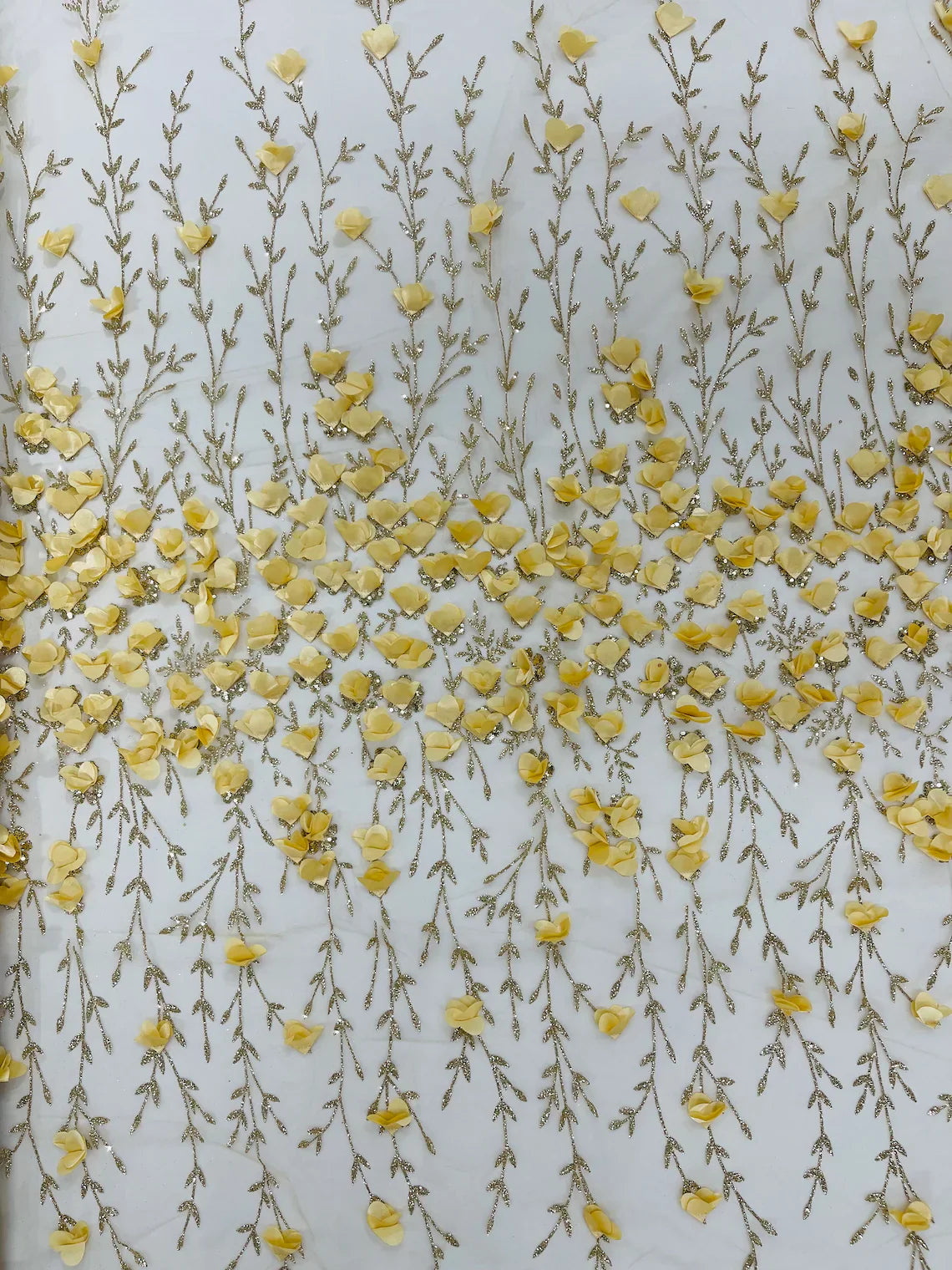 3D Flower Glitter Fabric - Gold - Flower Design on Glitter Mesh Fabric Sold By Yard