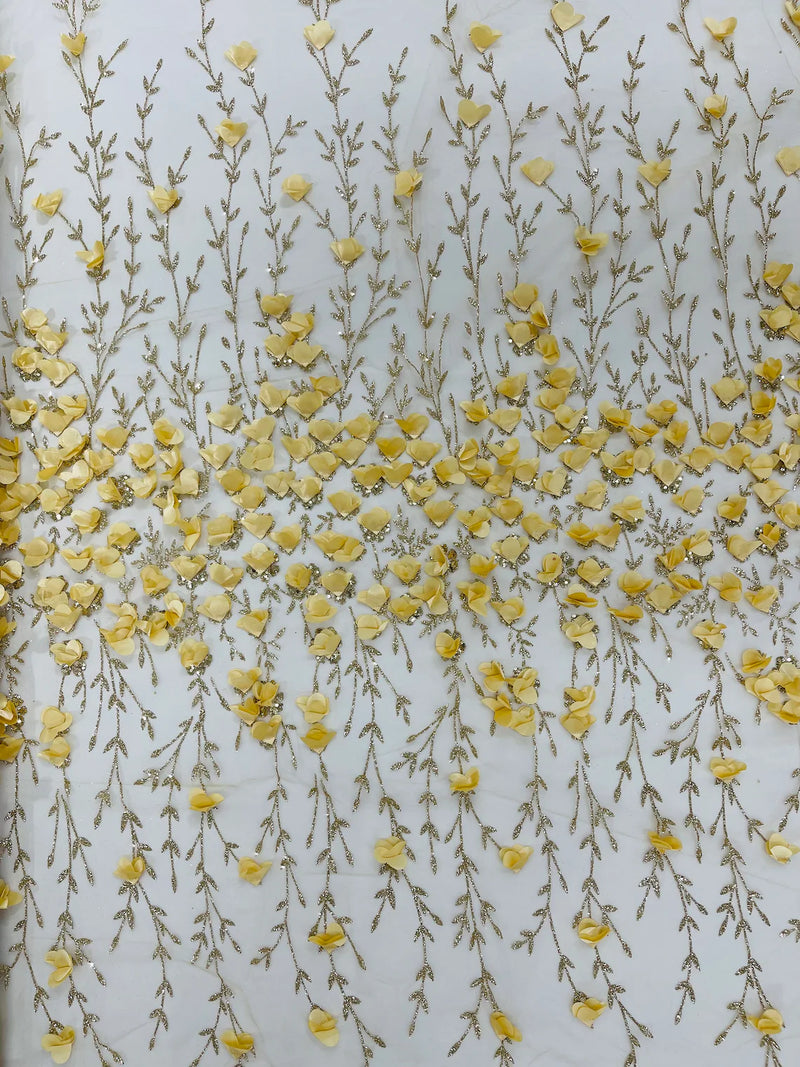 3D Flower Glitter Fabric - Gold - Flower Design on Glitter Mesh Fabric Sold By Yard