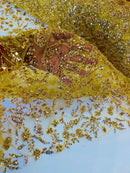 Beaded Floral Plant Design - Gold - Embroidered Beaded Flower Plants Sequins Fabric By Yard