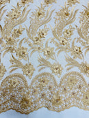 3D Floral Leaf Panels - Gold - Embroidered 3D Flower Lines with Pearls on Lace By Yard