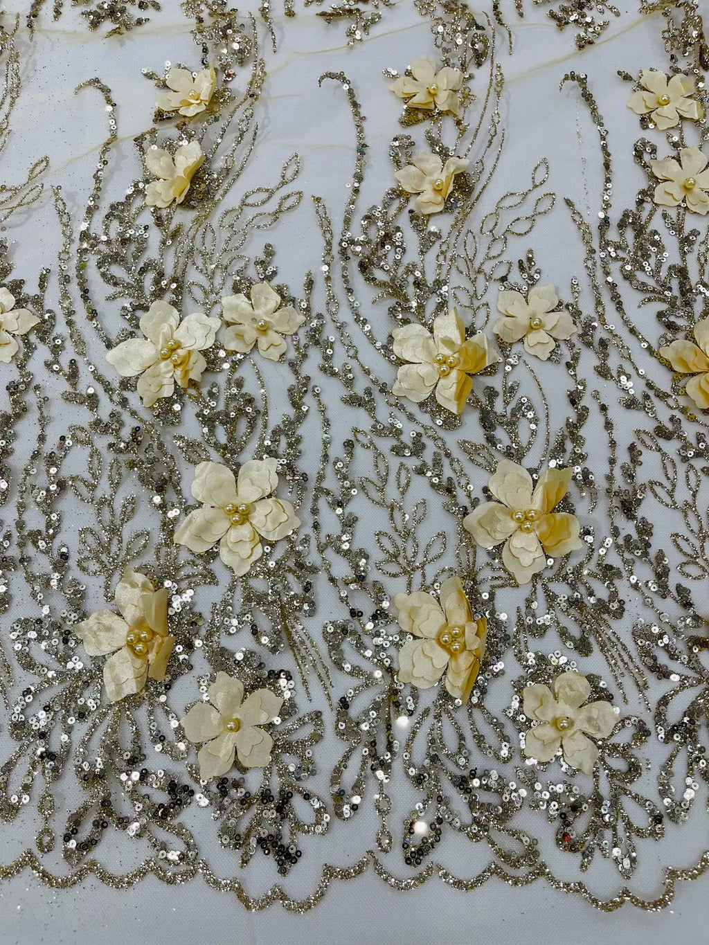 3D Glitter Floral Design Fabric - Gold - Floral Line Design Embroidered Sequins Fabric by Yard